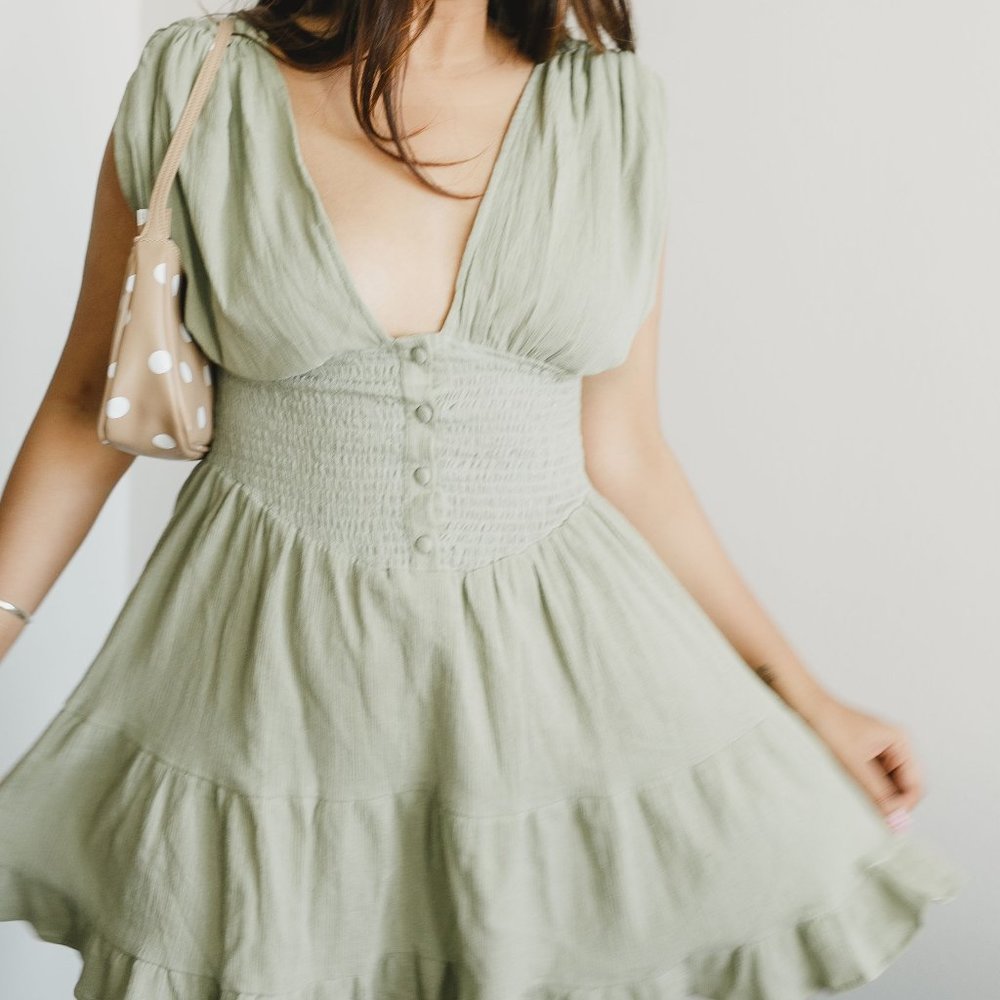 Deep V Neck Sage Green Dress